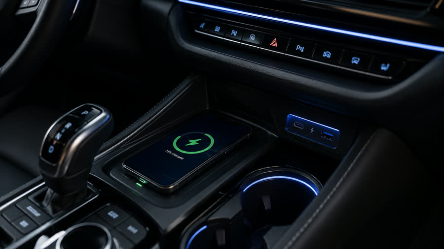 Wireless phone charging pad in a car center console