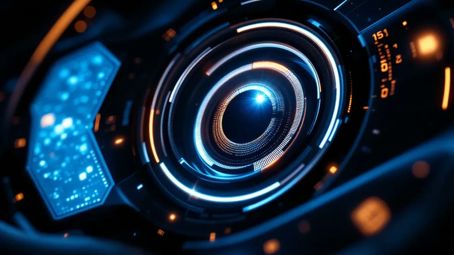 Futuristic blue monitoring lens with data lights